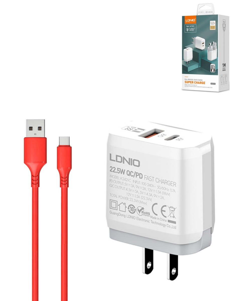 LDNIO A2421C QC3.0+PD USB A+C Wall Charger with USB A-C Cable (3ft) (22W) (Only Ground Shipping)