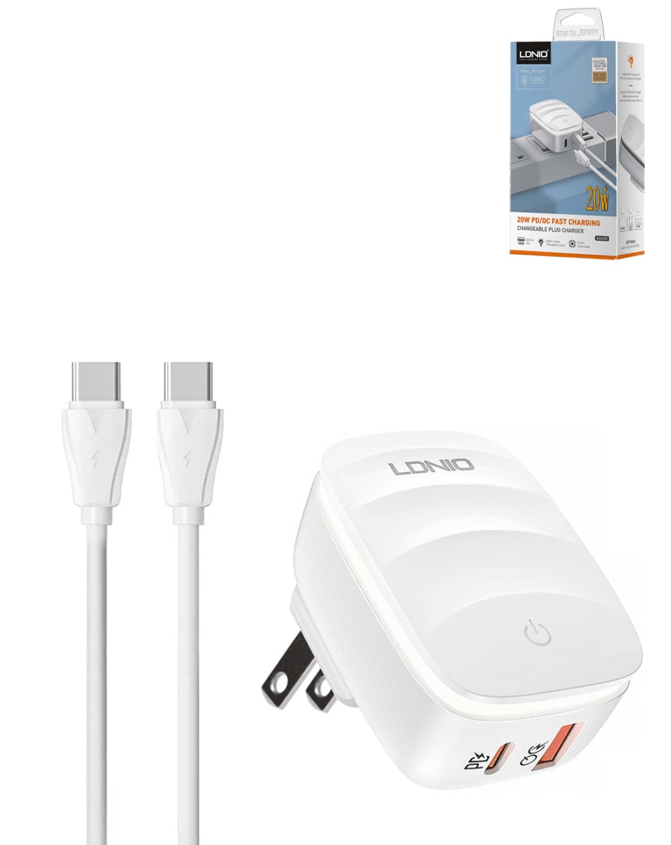 LDNIO A2425C QC3.0+PD Lamp USB C+C Wall Charger with USB C-C Cable (3ft) (20W) (Only Ground Shipping)