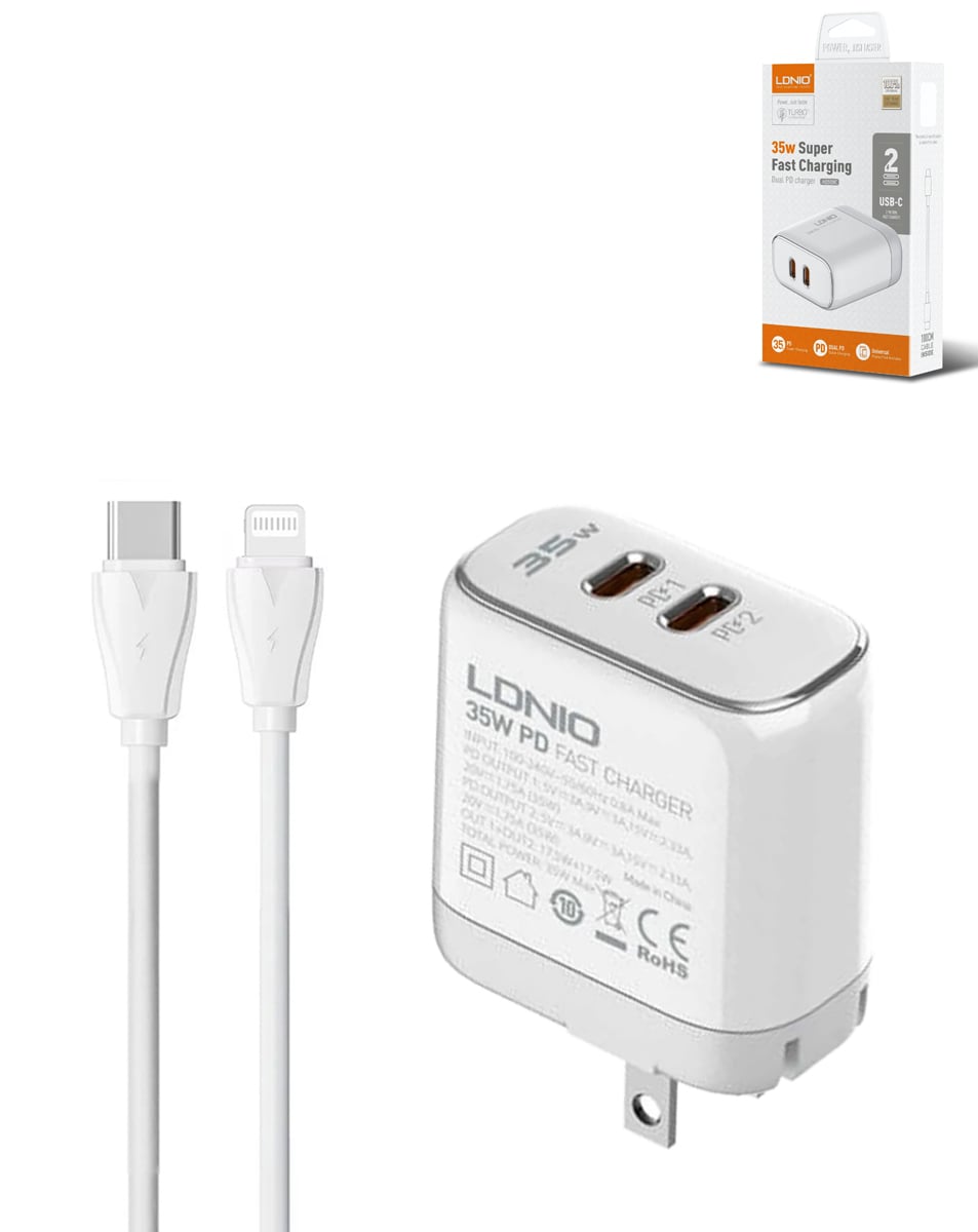 LDNIO A2528C Dual USB C Wall Charger with USB C-L MFI Cable (3ft) (35W) (Only Ground Shipping)