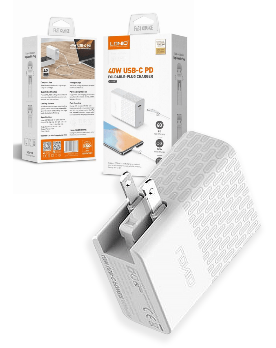 LDNIO A1405C QC3.0+PD USB-C Wall Charger /w USBC-L Non-MFI Cable (3ft) (40W) (Only Ground Shipping)