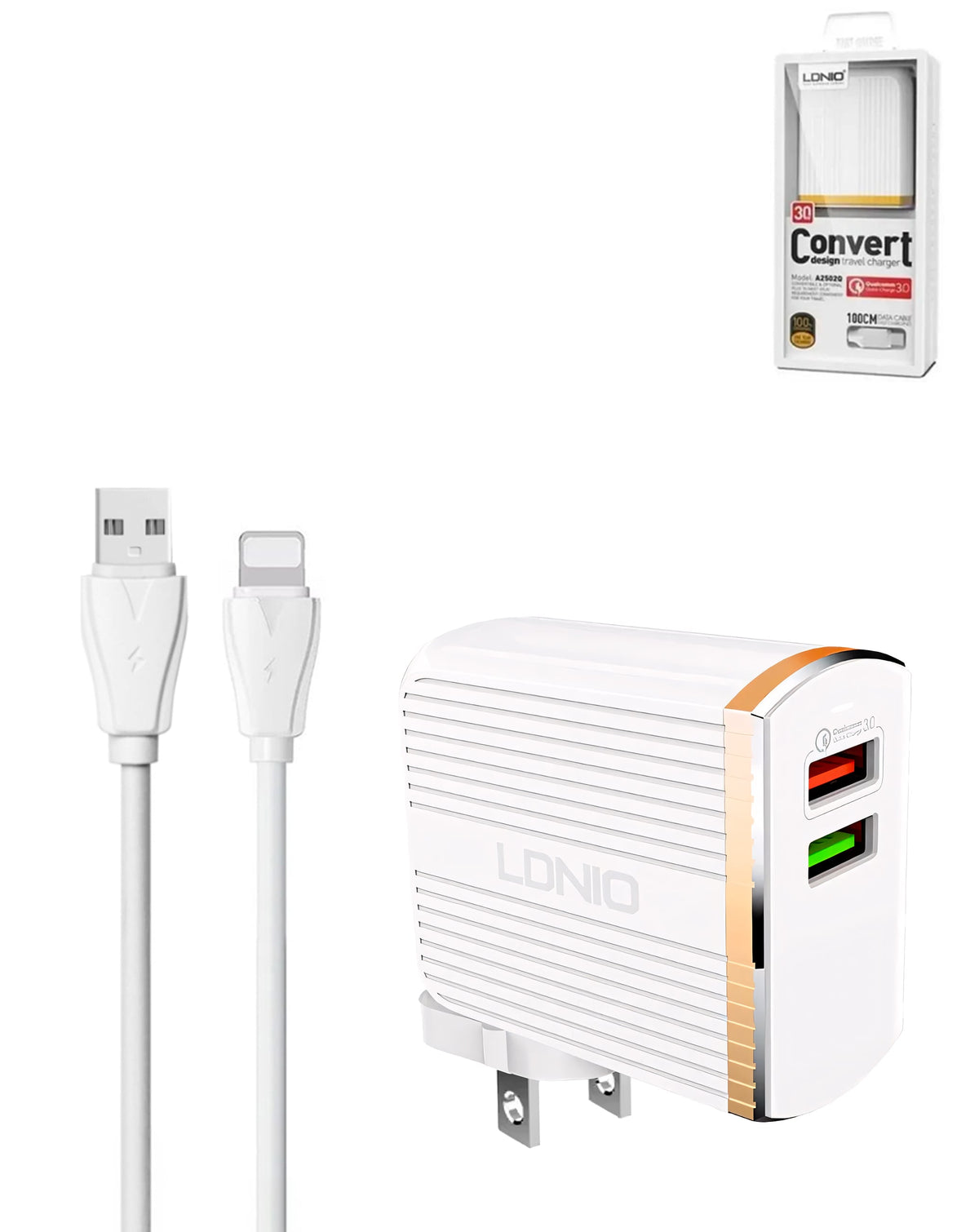 LDNIO A2502Q 3A Dual USB A Wall Charger with USB A-L Non-MFI Cable (3ft) (30W) (Only Ground Shipping)