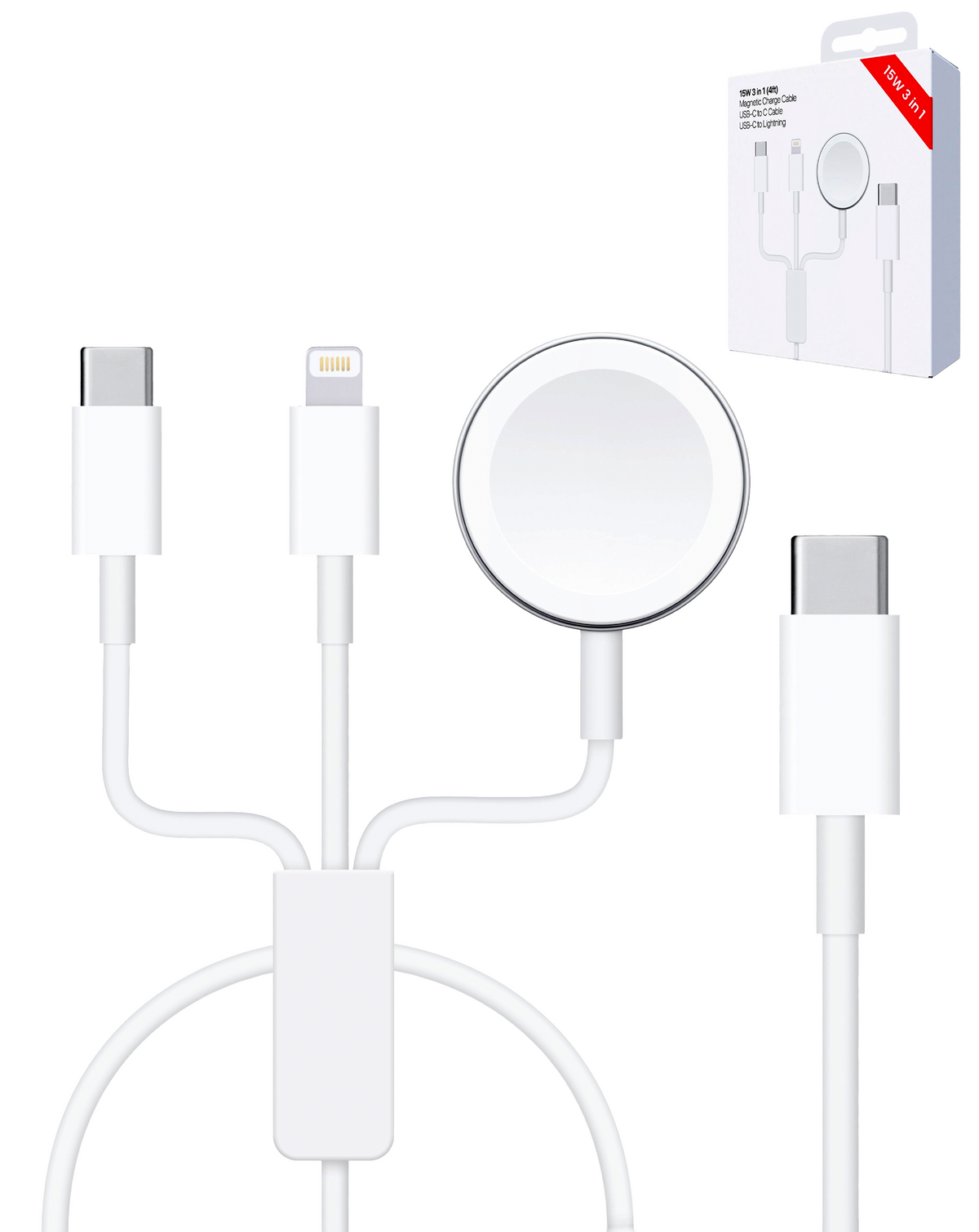 USB-C 3in1 Magnetic Watch Charging Cable with USB-C and Lightning Charger (4ft) (15W) (Only Ground Shipping)
