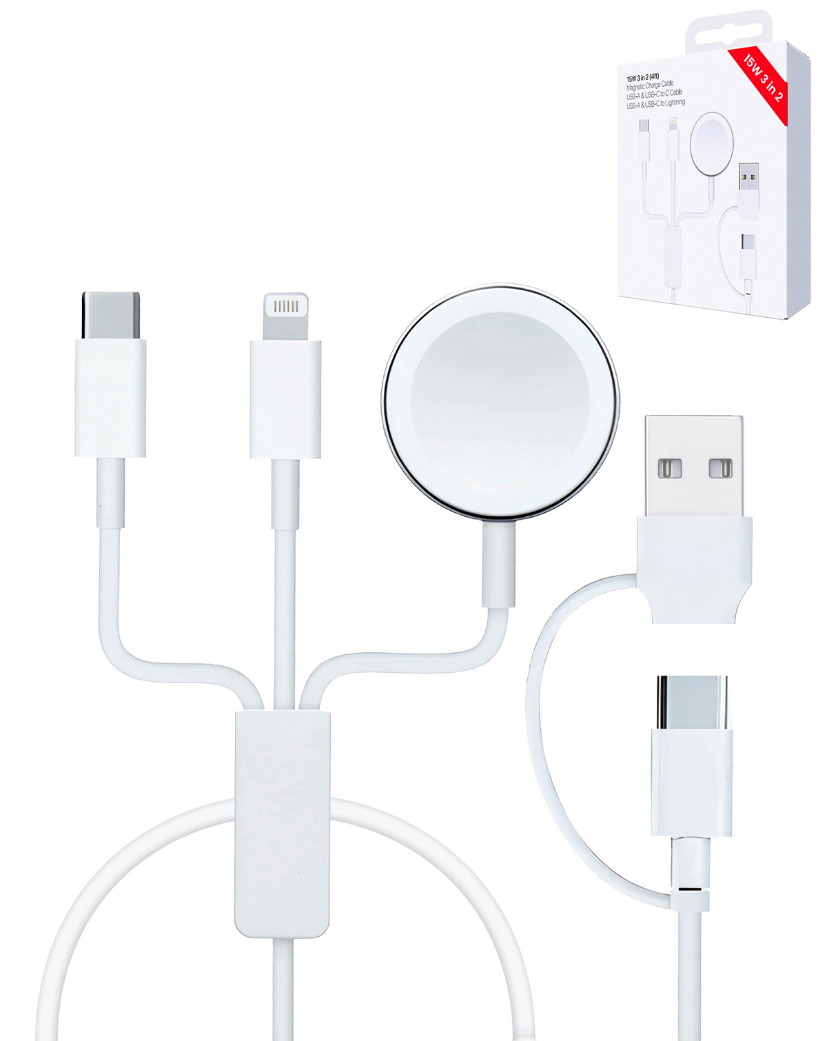 USB-C and USB-A 3in1 Magnetic Watch Charging Cable with USB-C and Lightning Charger (4ft) (15W) (Only Ground Shipping)