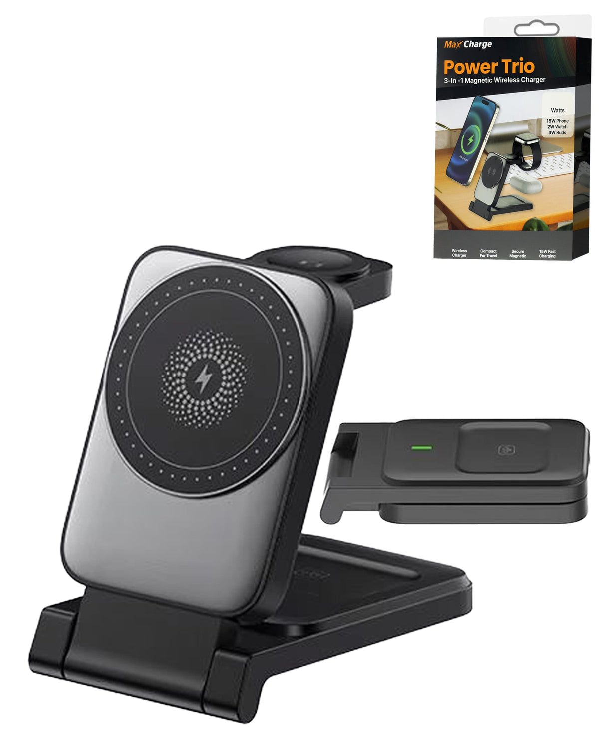 Power Trio (3in1) Compact Foldable Wireless Charging Stand (15W) (BLACK) (Only Ground Shipping)