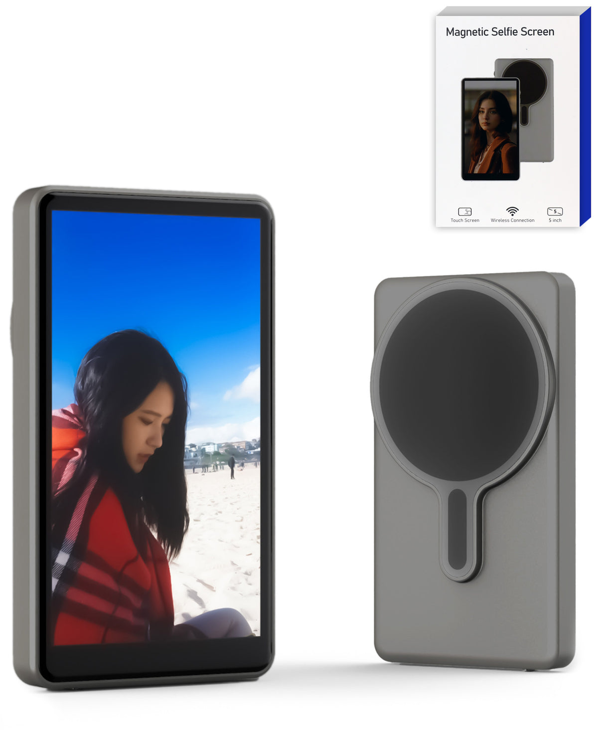 Magnetic Selfie Monitor Screen Wireless Vlog Display for iPhone Android Rear Camera Selfie Live Streaming (4.02 Inch) (Gunmetal)