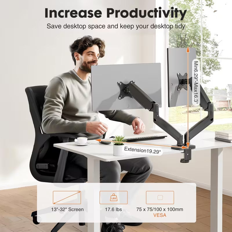 Adjustable Dual Monitor Stand with TESA Mouth 13''-32'' (BLACK) (Only Ground Shipping)