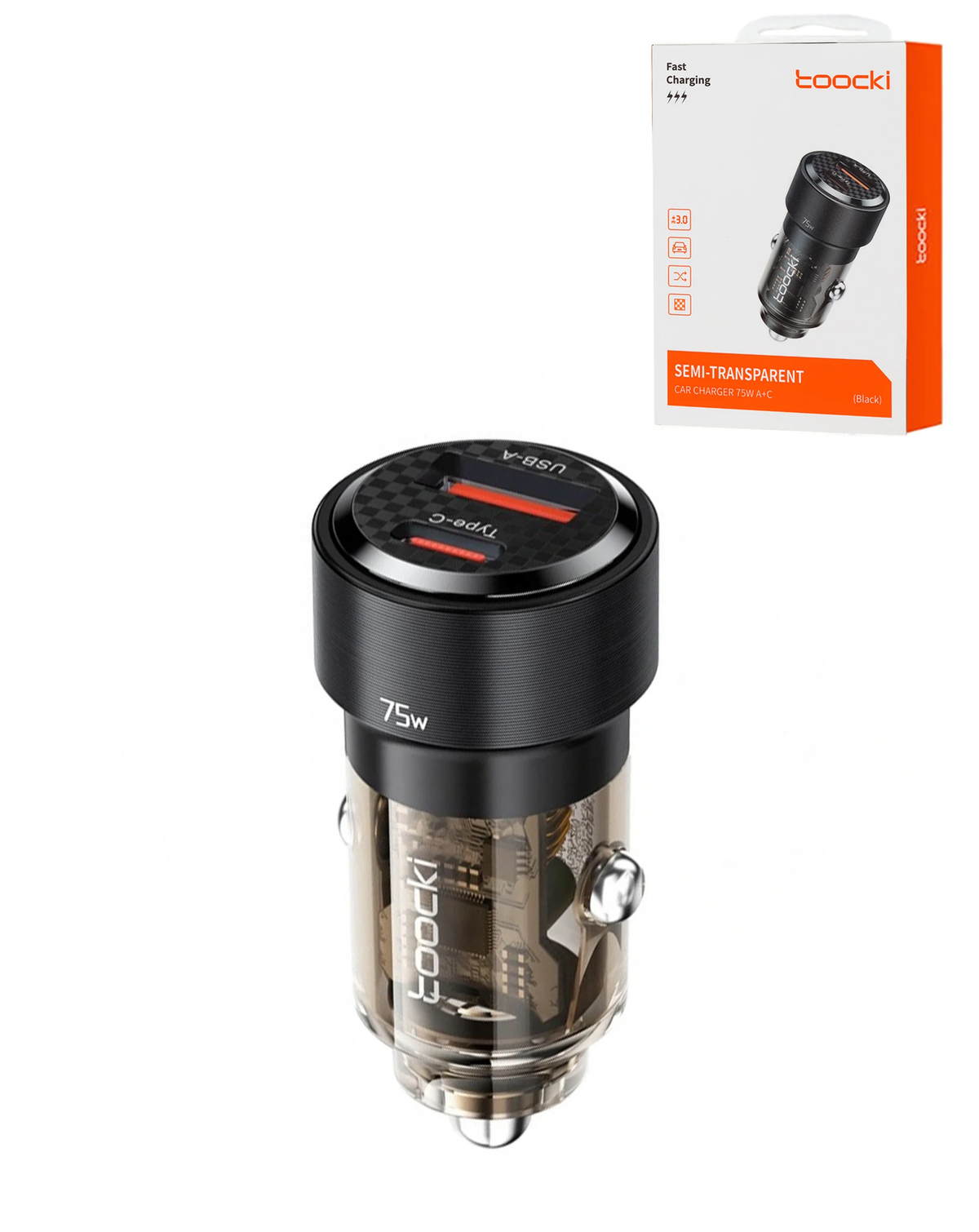 Toocki PD USB C+A Transparent Car Charger (BLACK) (75W) (Only Ground Shipping)