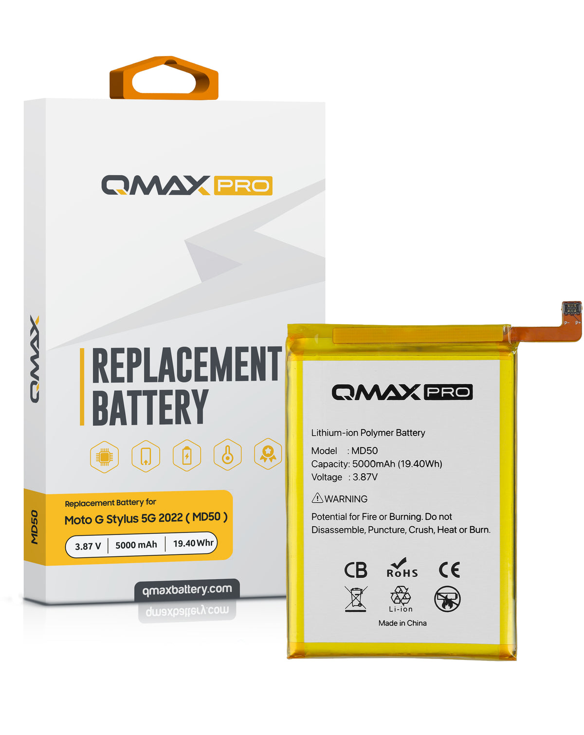 QMAX Pro Replacement Battery for Motorola Moto G Stylus 5G (XT2131 / 2021) / G Stylus 4G (XT2211 / 2022) / G Stylus 5G (XT2215 / 2022) (5000 mAh) (MD50) (Only Ground Shipping)