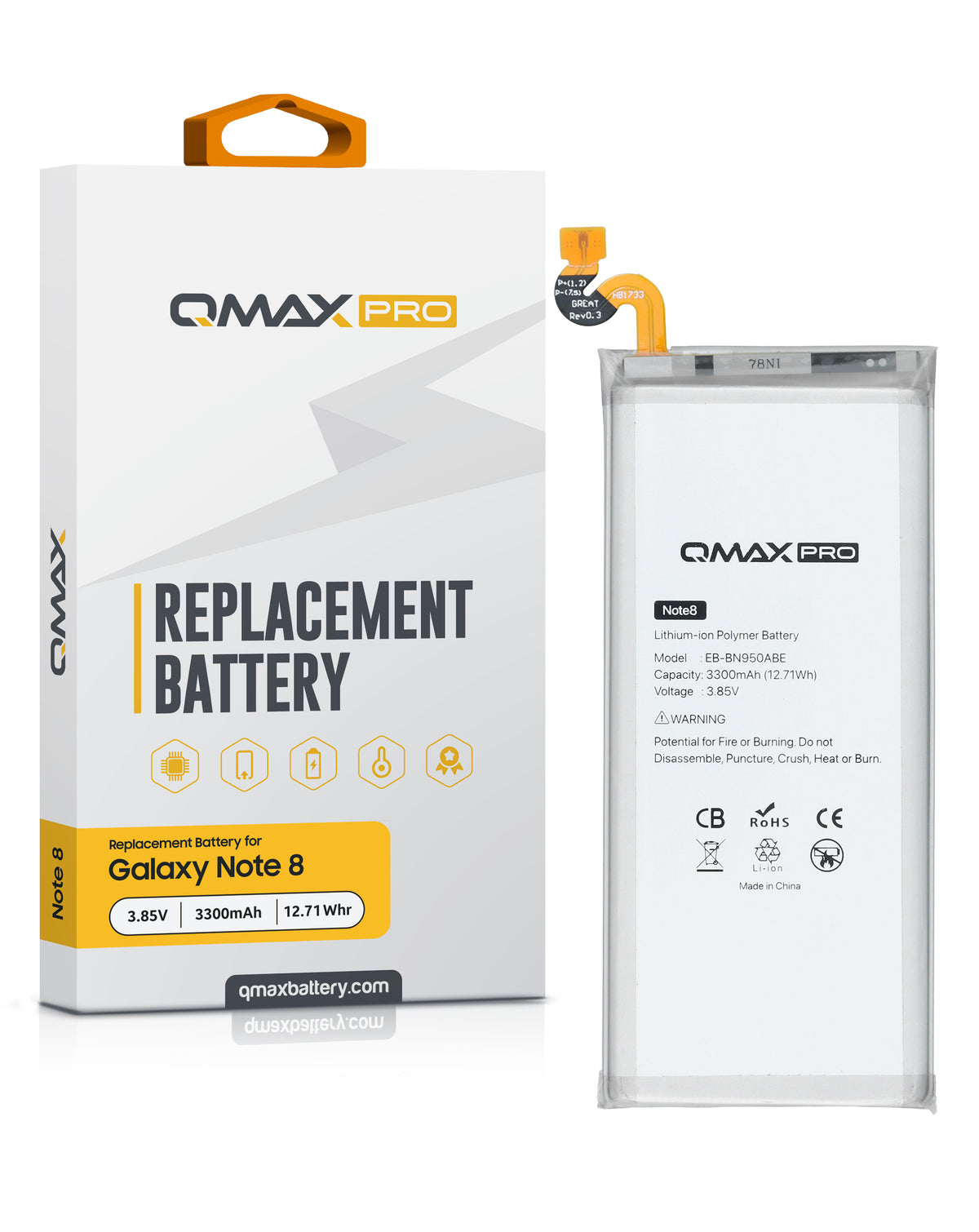 QMAX Pro Replacement Battery for Galaxy Note 8 (3300 mAh) (EB-BN950ABE) (Only Ground Shipping)