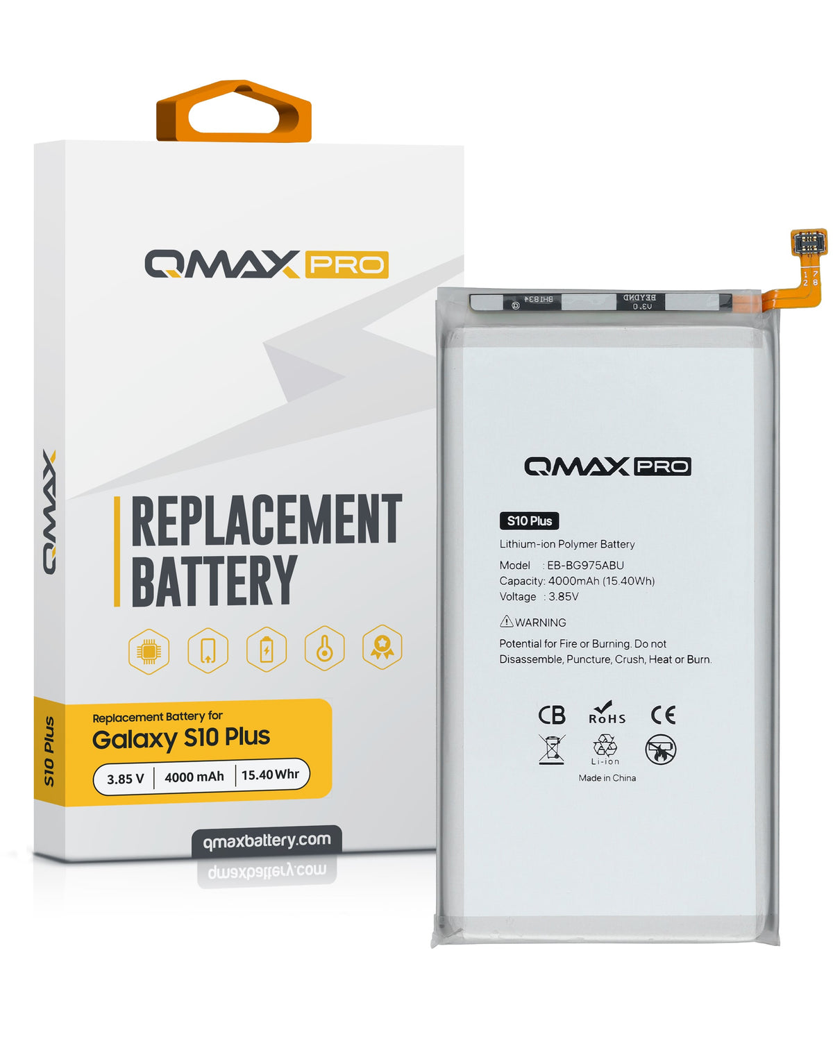 QMAX Pro Replacement Battery for Galaxy S10 Plus (4000 mAh) (EB-BG975ABU) (Only Ground Shipping)
