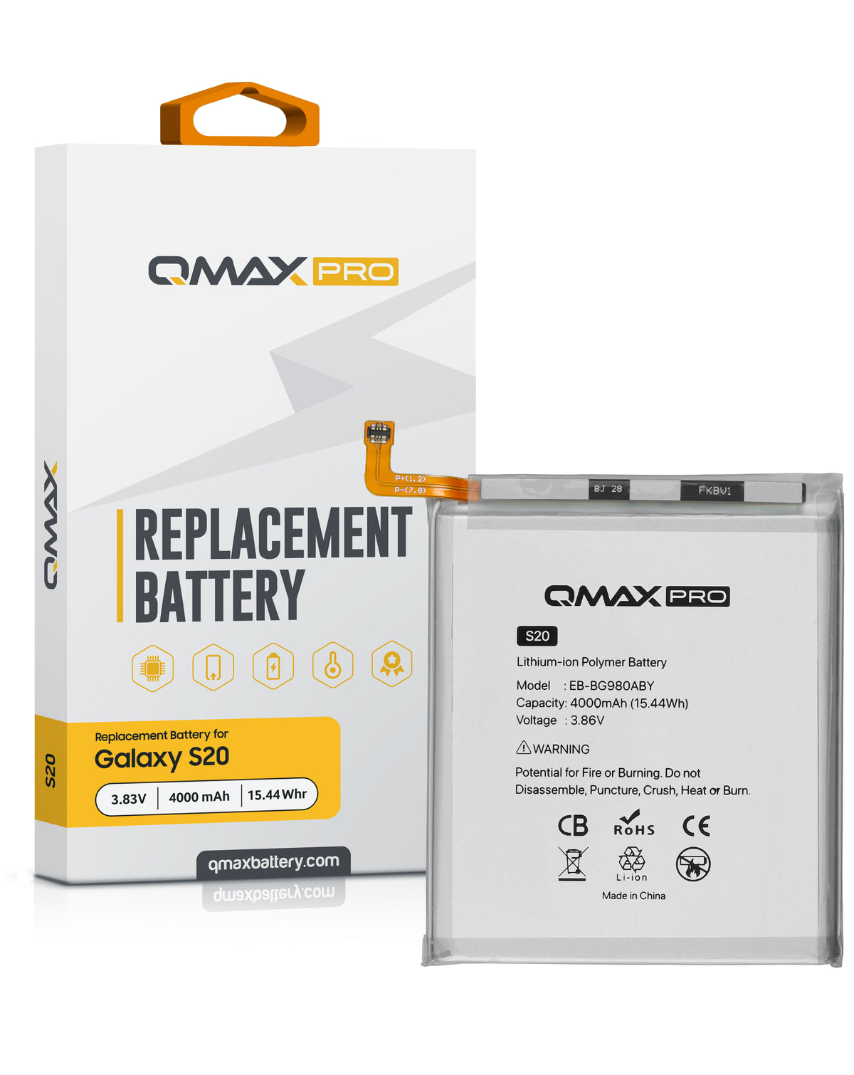 QMAX Pro Replacement Battery for Galaxy S20 (G980 / G981) (Compatible with Verizon 5G UW Model) (4000 mAh) (EB-BG980ABY) (Only Ground Shipping)