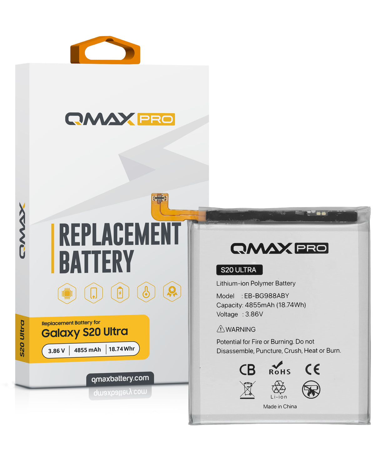 QMAX Pro Replacement Battery for Galaxy S20 Ultra (G988) (4855 mAh) (EB-BG988ABY) (Only Ground Shipping)