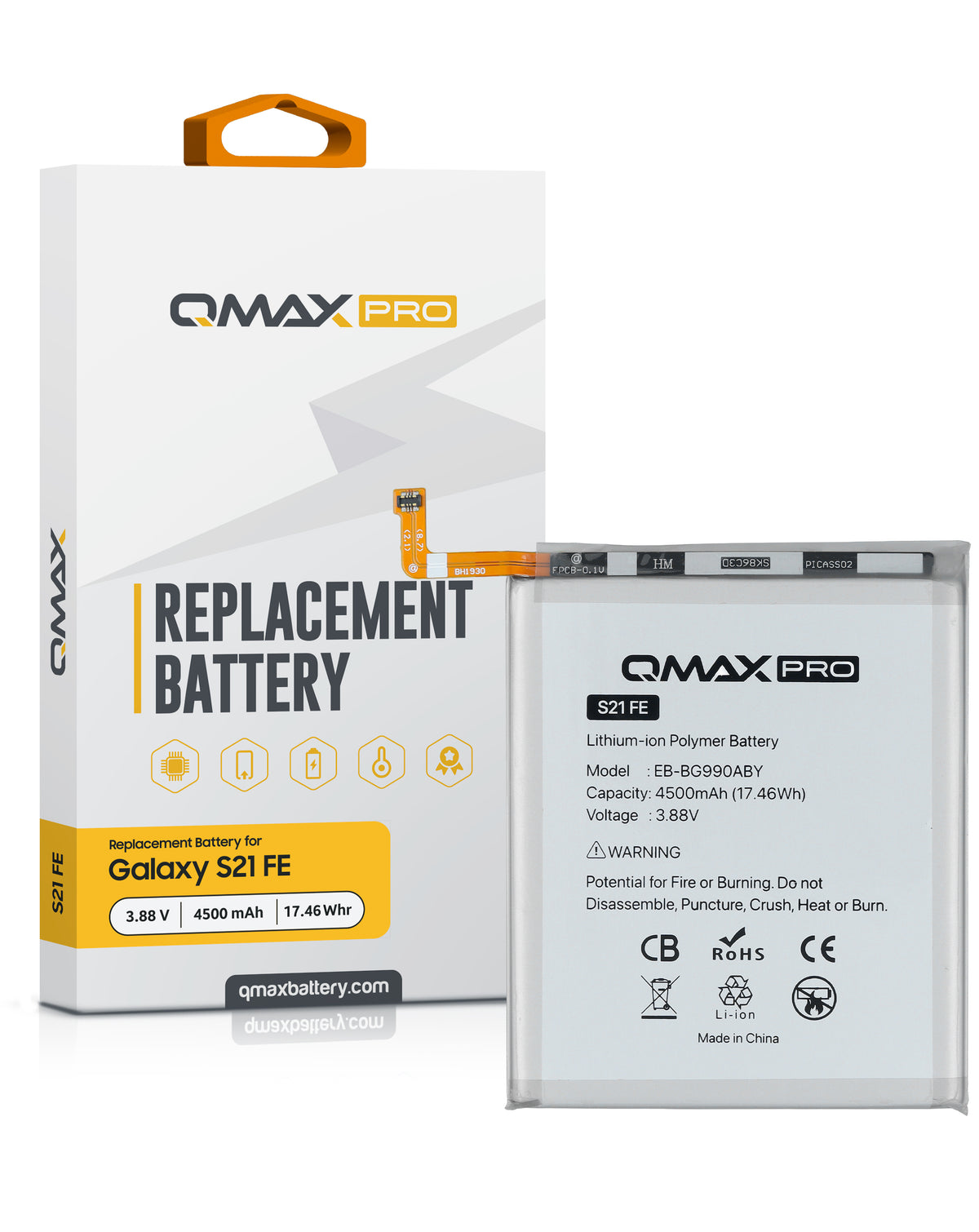 QMAX Pro Replacement Battery for Galaxy S21 FE (G990) (4500 mAh) (EB-BG990ABY) (Only Ground Shipping)