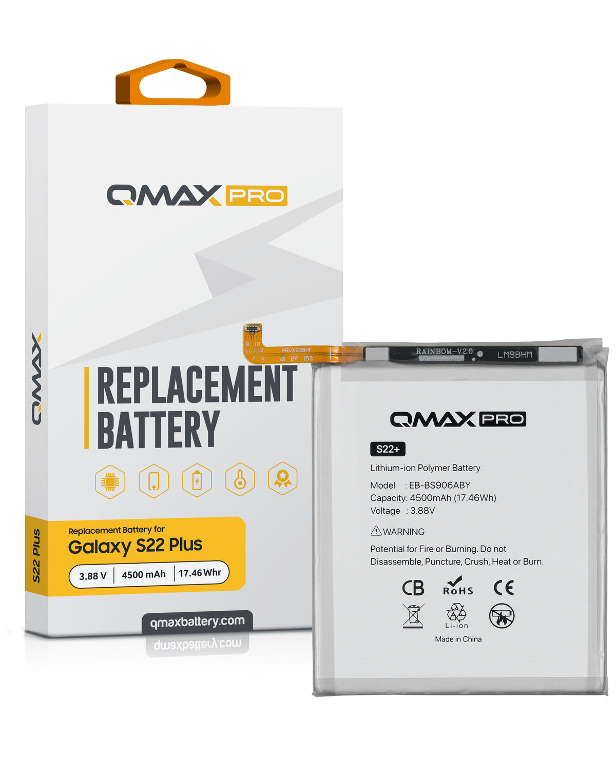 QMAX Pro Replacement Battery for Galaxy S22 Plus (S906) (4500 mAh) (EB-BS906ABY) (Only Ground Shipping)