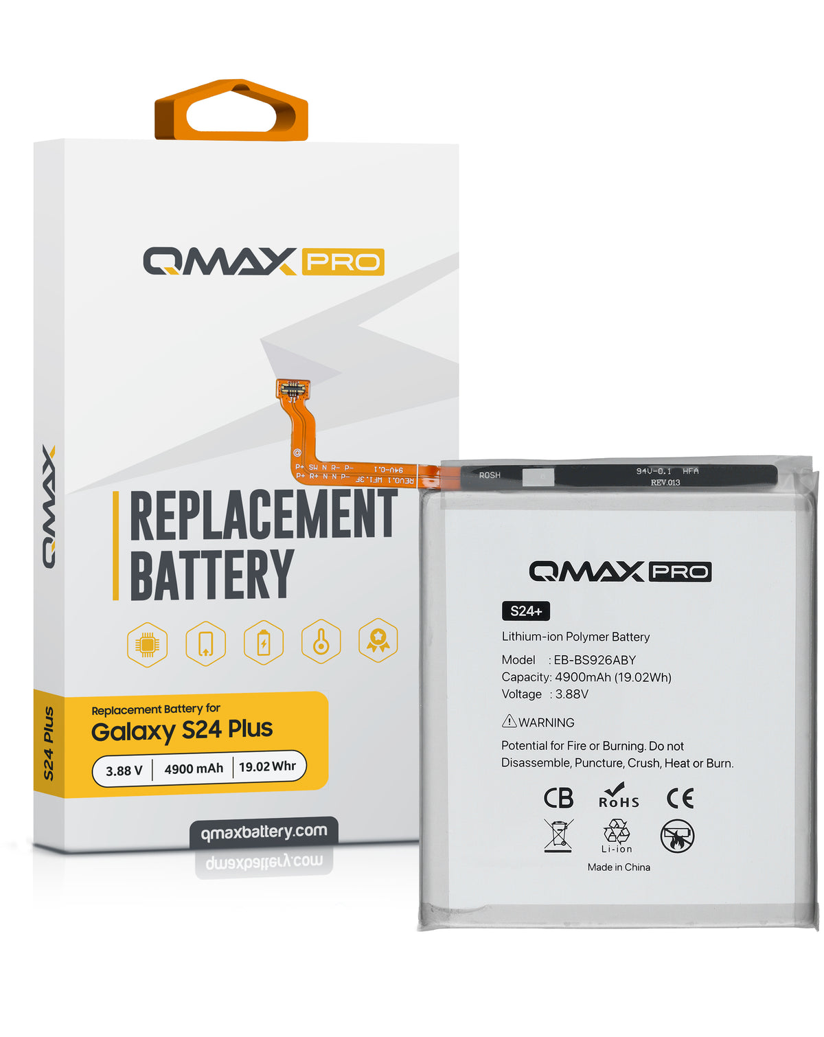 QMAX Pro Replacement Battery for Galaxy S24 Plus (S926) (4900 mAh) (EB-BS926ABY) (Only Ground Shipping)