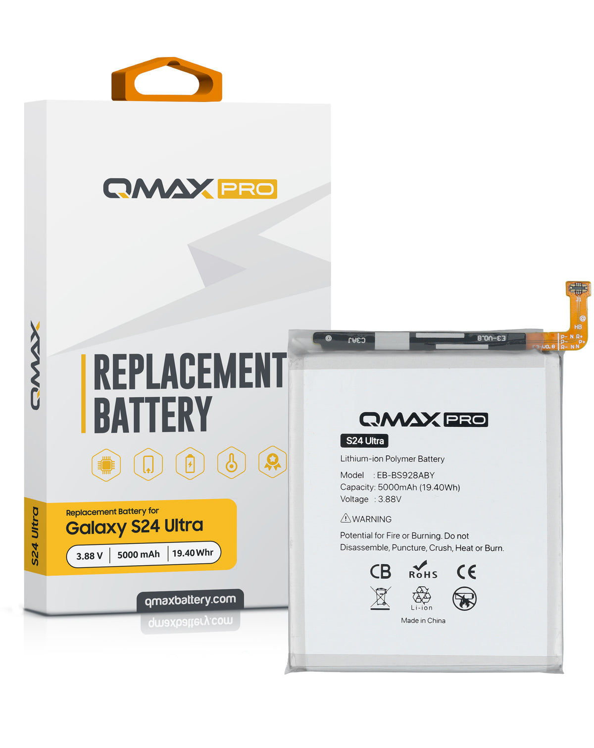 QMAX Pro Replacement Battery for Galaxy S24 Ultra (S928) (5000 mAh) (EB-BS928ABY) (Only Ground Shipping)