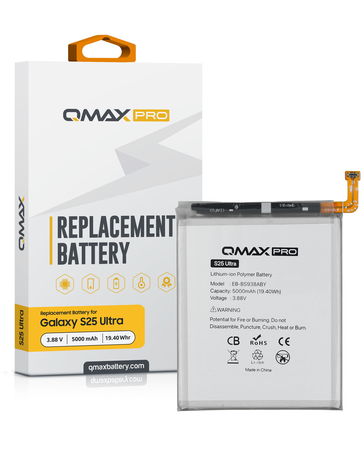 QMAX Pro Replacement Battery for Galaxy S25 Ultra (S938) (5000 mAh) (EB-BS938ABY) (Only Ground Shipping)