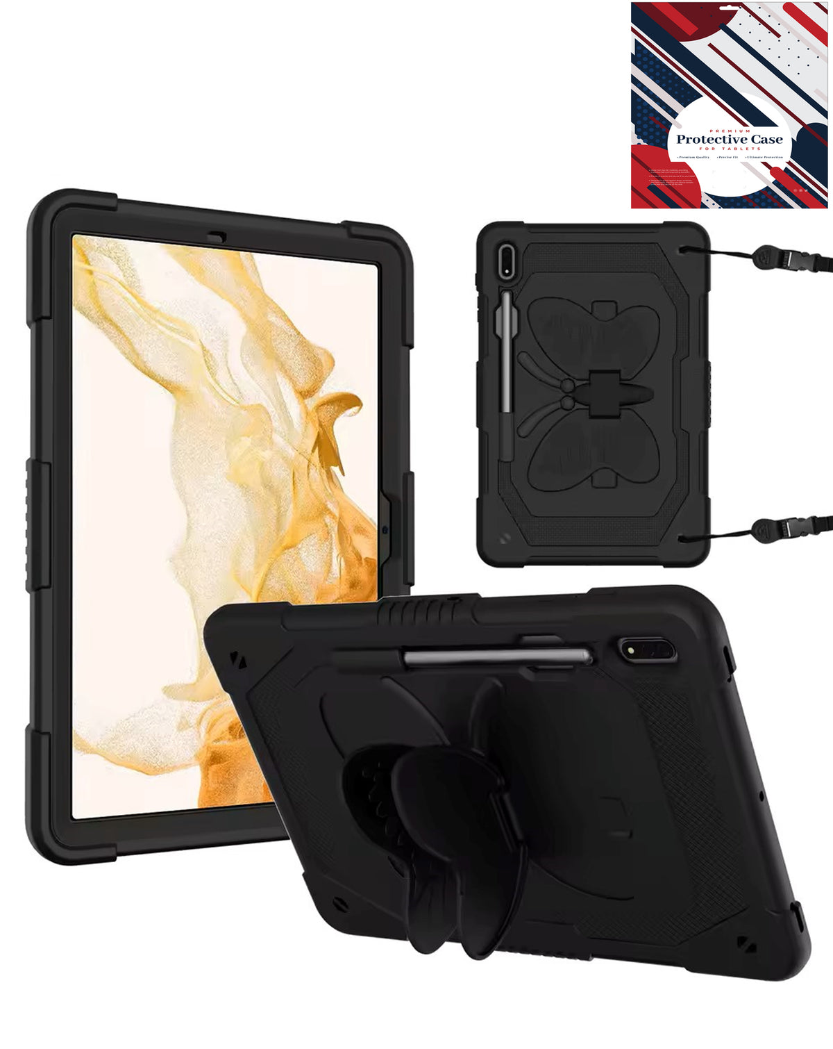 Protective Butterfly Stand Design Case - BLACK for Galaxy Tab S10 Plus / S9 Plus / S8 Plus / S7 Plus / S7 FE (12.4") (Only Ground Shipping)