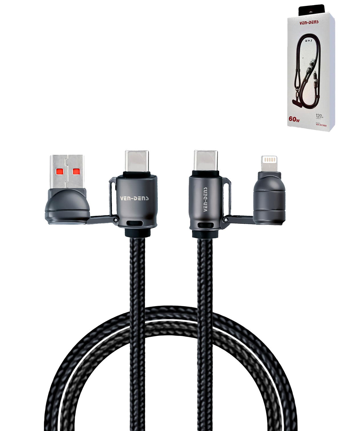 Ven-Dens USB A+C to C+L Fast Charging Data Cable with Lanyard (BLACK) (60W) (6ft) (Only Ground Shipping)