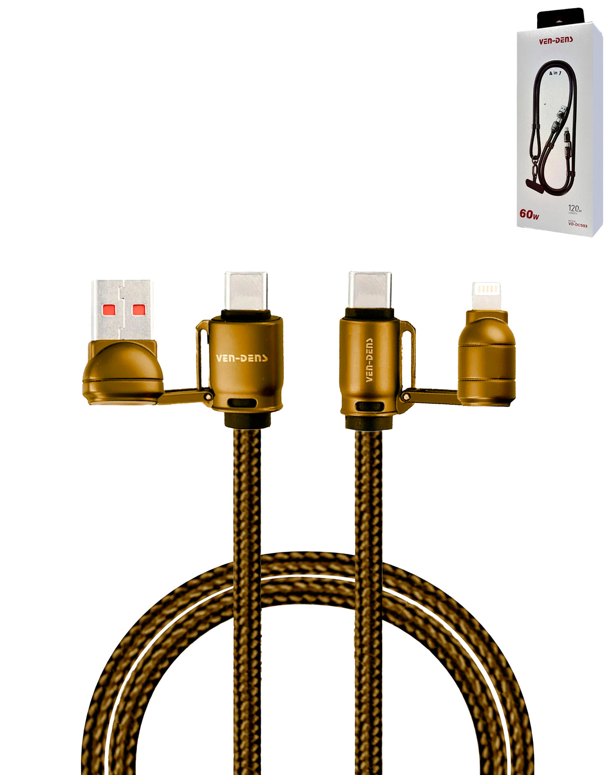 Ven-Dens USB A+C to C+L Fast Charging Data Cable with Lanyard (GOLD) (60W) (6ft) (Only Ground Shipping)